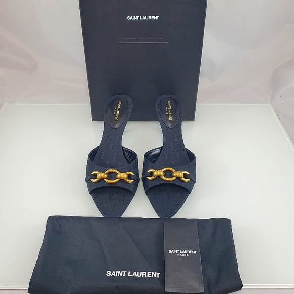 NEW$1050 Saint Laurent YSL Logo Gippy Chain Kitten-Heel Slide Sandal Mules Sz 37 - Picture 8 of 17